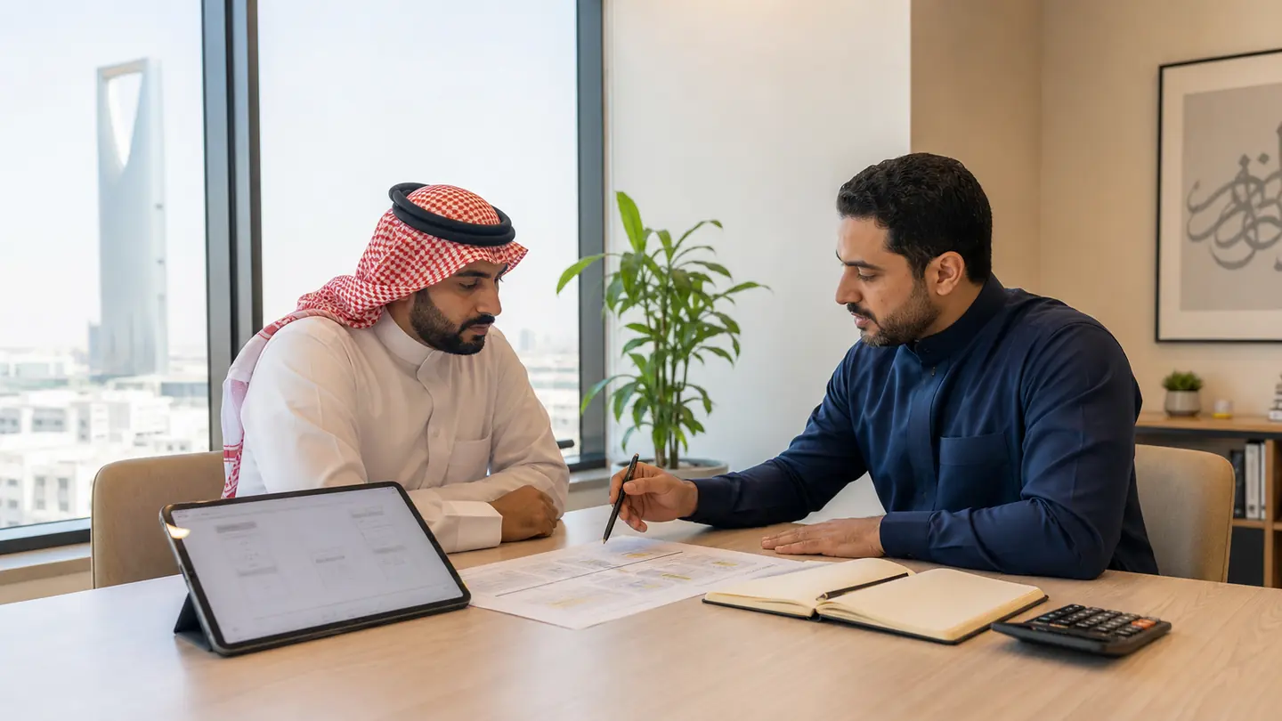 صاحب عمل ومستشار رقمي يراجعان نطاق موقع إلكتروني ووثيقة مخرجات