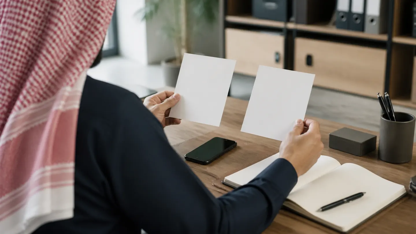 صاحب عمل يقارن بين خيارين على مكتب مع هاتف ودفتر ملاحظات
