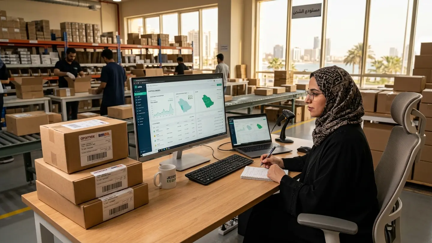 إدارة متجر وعمليات شحن لوجستية متقدمة في مستودع تجارة إلكترونية بجدة
