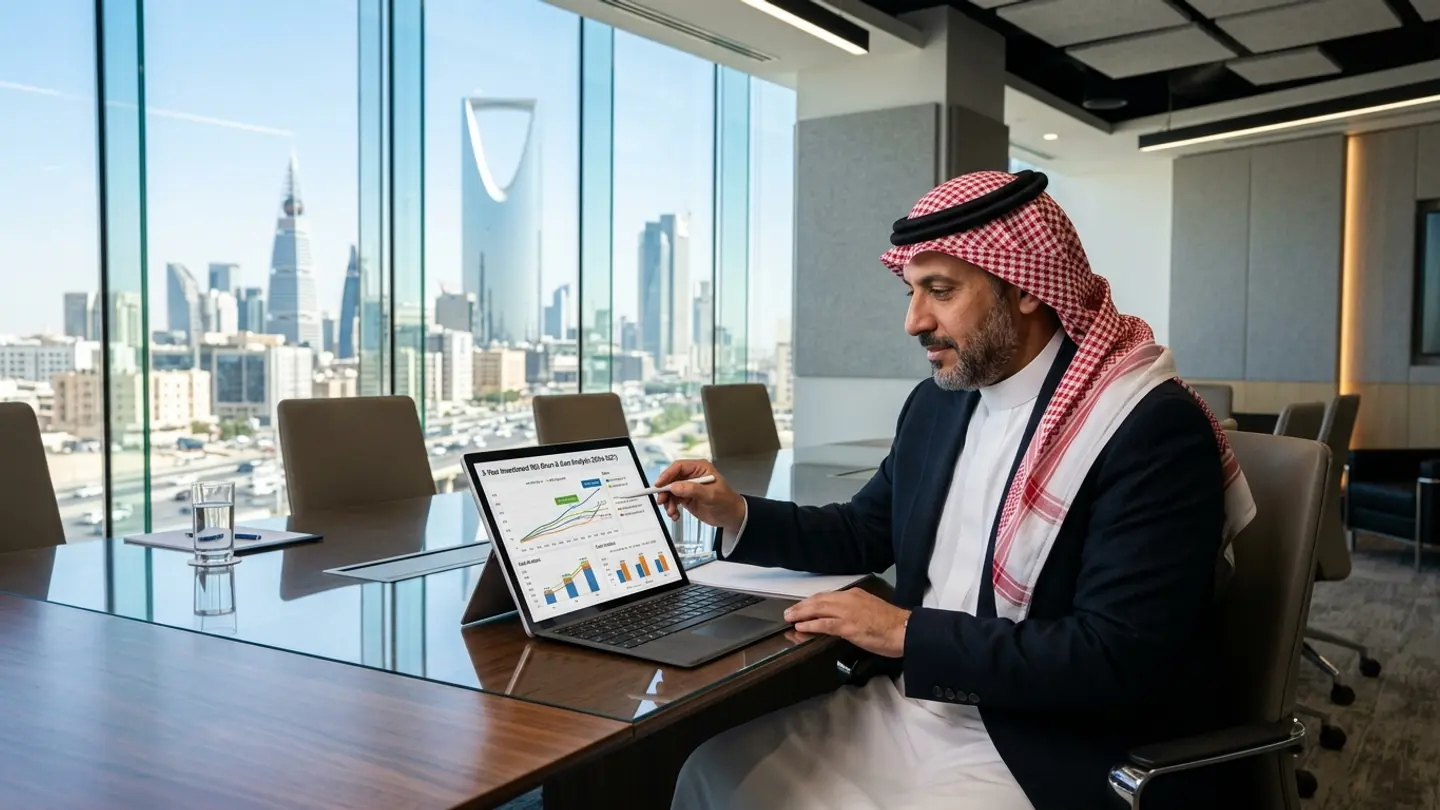 مستشار مالي يستعرض تحليل العائد على الاستثمار الرقمي في برج حديث بالرياض