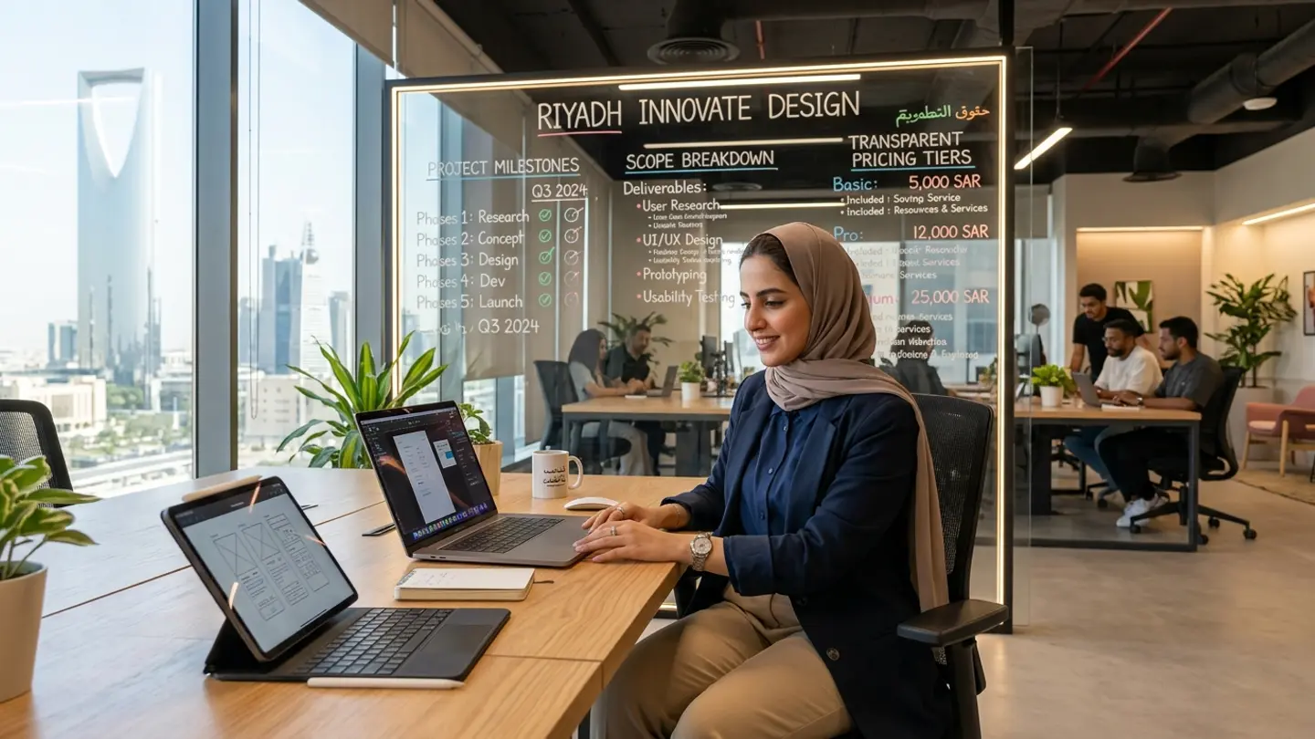 مصممة منتجات في استوديو رقمي حديث بالرياض تعرض مستويات الأسعار بشفافية